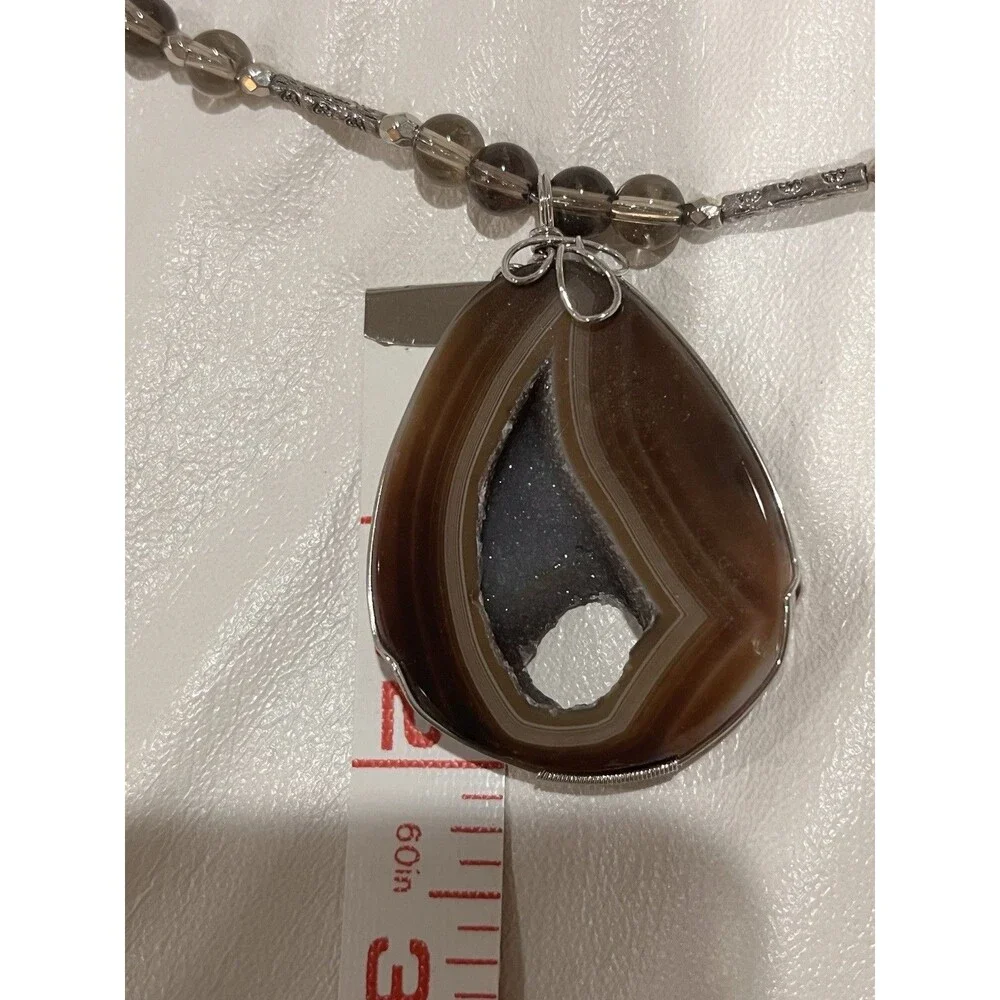 Banded Brown Agate Silver Pendant Choker Necklace 17